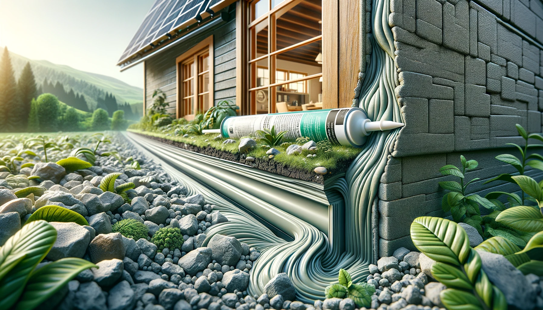 A highly detailed and realistic landscape-oriented image focusing intensely on the application and impact of caulking in a sustainable home's
