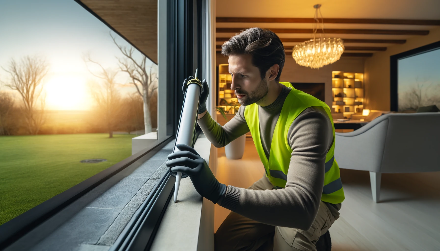 A professional man wearing work clothes and a high visibility vest, applying caulking to a window inside a modern home. This image is about Professional Caulking Services