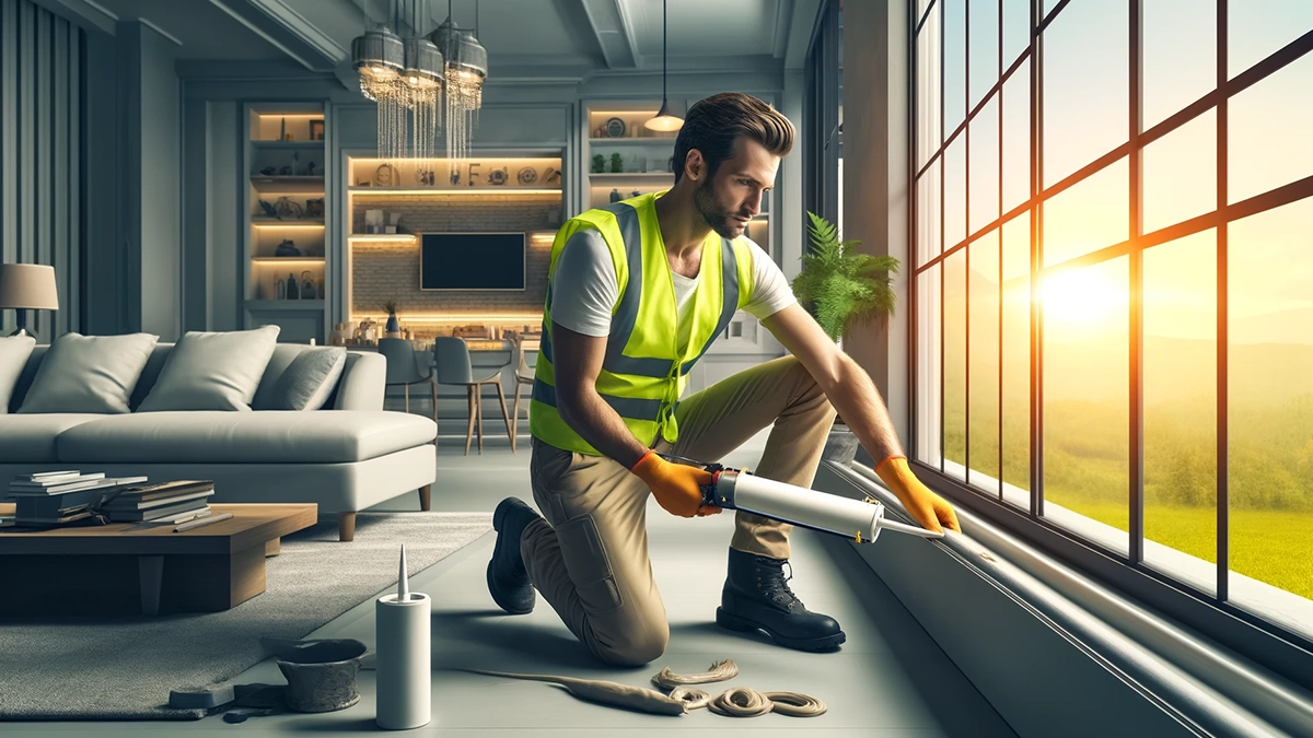 An image showcasing a man dressed in work clothes and a high visibility vest, applying caulking to a window inside a modern home. This image is about Professional Caulking Services